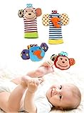 Happy Monkey Baby Wrist Rattles and Foot Finders Set High Contrast Infant Foot Finders Socks and Newborn Hand Wrist Rattle Toy Cute Engaging Elephants and Monkeys Bright Developmental Colors Patterns