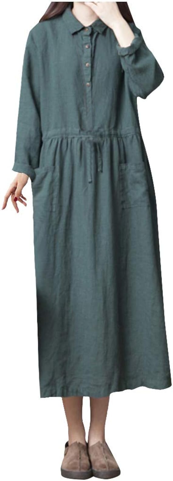 Amazon Co Jp レディースドレス レディース ワンピース 長袖ワンピース パーティードレス リネン無地ワンピース ヴィンテージ 気質ドレス 可愛い カジュアル 着痩せマキシ丈 ゆったり おしゃれ 細身 秋冬 グリーン Xl 服 ファッション小物