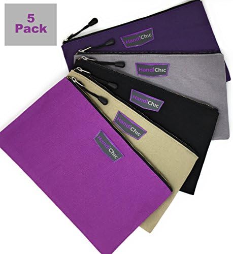 Canvas Zipper Tool Storage Bags, 5 Pack Heavy Duty 16 oz. Multipurpose, Durable Storage Set. Women Men Color Coded (Purple,Grey,Fuchsia,Taupe,Black) Organize Tools,Craft, Travel, School Supplies Pouch