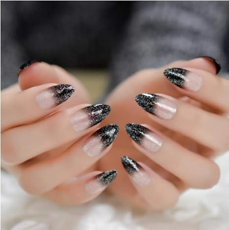 Amazon Co Jp Zyss ネイルステッカー勾配を明確に黒のフランスのプレスに偽爪のヒントスティレットの着やすいピッカピカのシルバーグリッターオーバル急diy爪の設計 ホーム キッチン