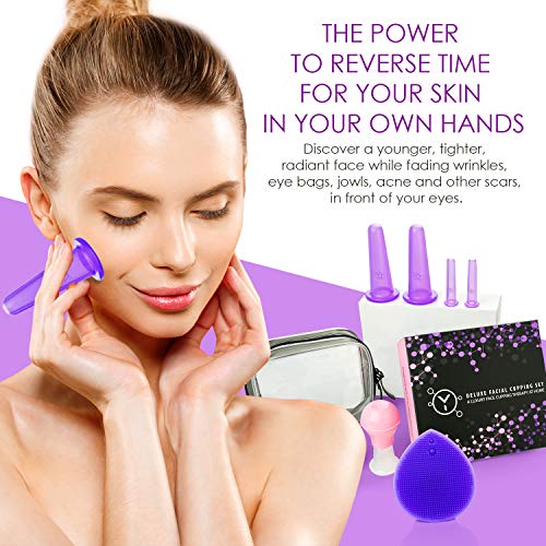 Facial Cupping Set (7Pcs) - Face, Eye and Lips Cupping Massage Kit with Silicone Cleansing Brush - Works with Fine Lines & Wrinkles - Helps with Instant Ageless Skin and Improved Collagen