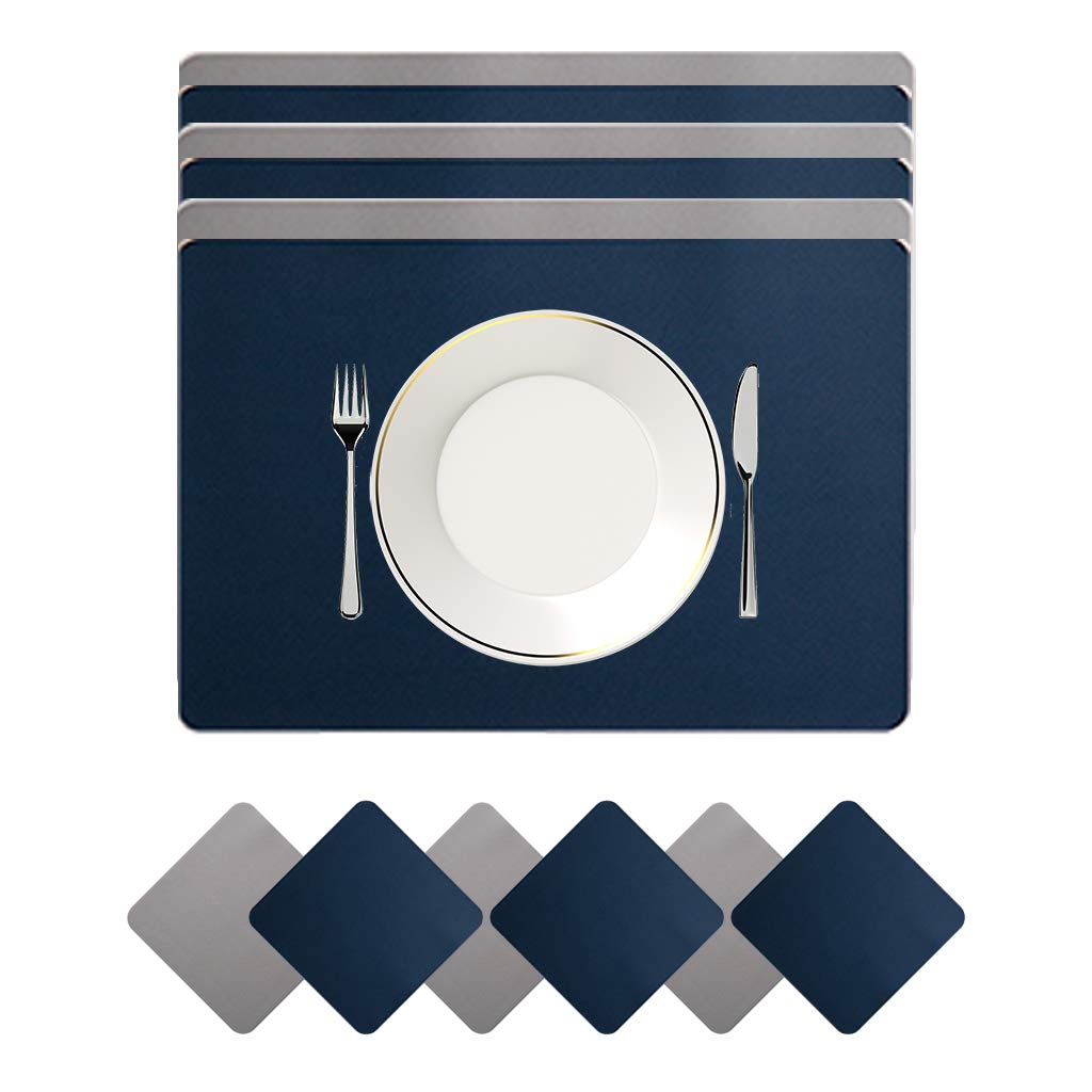 Placemats And Coaster Sets 6, Waterproof Non-Slip Place Mats Set Of 6 And Double Thickened Dining Table Mats, Washable Leather Coasters and Placemats for Dining Table (Blue+light gray)
