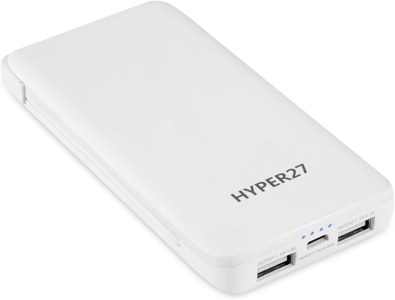 Hyper27 5000mAh Integrated Connector Cable Dual Port Fast Charging Ultra-Slim Portable External Battery Charger Pack PowerBank built-in Micro-USB Cable for iPhone 6/5/4, iPad, iPod, Samsung Devices, Smart Phones, Tablet PCs - White