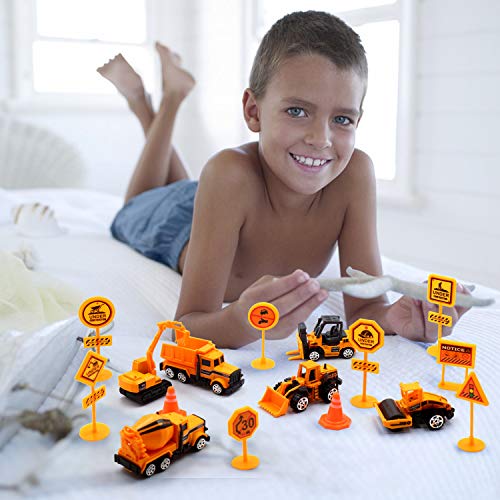 Kids Construction Toys,Play Vehicles,6 Set Inertia Toy Construction Vehicles with 10 Traffic Sign，Mini Car Toys Set Die Cast Engineering Trucks Toy for Age 3-8 Years Boys and Girls as Gift(16 PCS） - Thumbnail 4