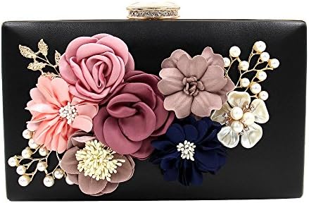QIEEU Women's Flower PU Material Evening Bag Pearl Beaded Clutch Handbag For Banquet Black