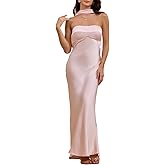 Women's Summer Satin Strapless Tube Top Maxi Dress Elegant Silk Backless Halter Neck Formal Party Dresses Wedding Guest Pink