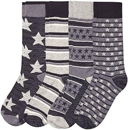 Basic/Outfitters Mens 4 Pack Denim Fashion Crew Socks (Black/Grey Stars &amp; Stripes )