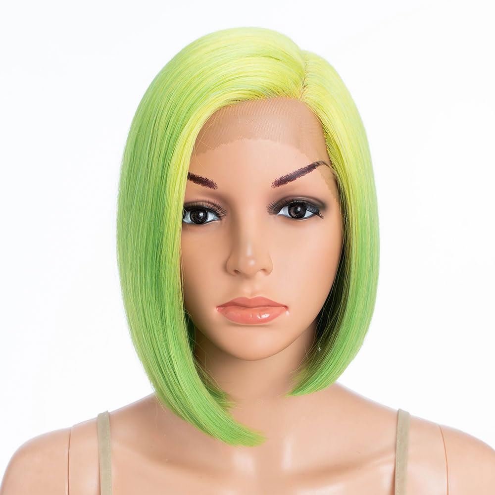 Début Lace Front Wigs for Black Women Bob Wigs for White Women Synthetic Hair 9.5" 120g Green Straight Swiss Lace Heat Resistant Fibers Half Hand Tied (9.5 Inches, LTT YEW3/LEMON)