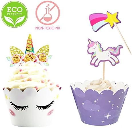 Unicorn Cupcake Toppers + Wrappers with Sticks | Unicorn Party Supplies, Unicorn Horn Cake Birthday Decoration + Baby Shower - Set of 24