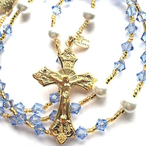Gold (Plated) Birthstone Catholic Prayer Rosary Beads Made with Premium European Crystals and White Glass Pearls - Keepsake Birthday Christmas Communion Baptism