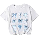 RoseSeek Girl's Bow Graphic Tees Crew Neck Short Sleeve Summer T Shirts Preppy Cute Clothes for Girls White and Blue 11 Years