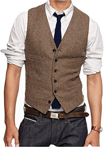 Brightmenyouth Brown Wool Herringbone Groom Vests Formal Groom's Wear Suit Vest Men's Wedding Tuxedo Waistcoat Plus Size