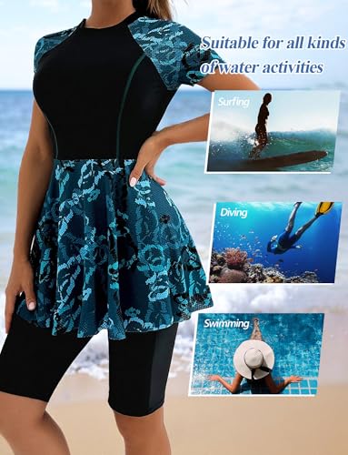 SEAUR Women 2Pcs Rash Guard Conservative Bathing Suits Printed Short Sleeve Swimsuits and Quick-Dry Shorts