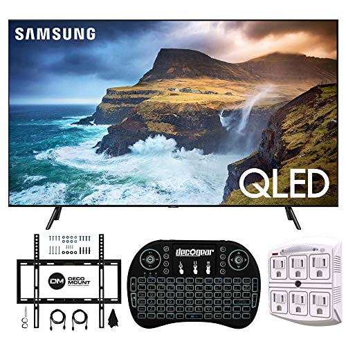 Samsung QN85Q70RA 85″ Q70 QLED Smart 4K UHD TV (2019 Model) – (Renewed) w/Flat Wall Mount Kit Bundle for 45-90 TVs + 2.4GHz Wireless Backlit Keyboard Smart Remote + 6-Outlet Surge Adapter