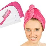 Super Absorbent Anti-Frizz Hair Towels (2 Pk). Fast Dry Luxury Microfiber Turban Wrap with Button for Long, Short or Curly Hair. FREE Wide Tooth Comb by VIDI