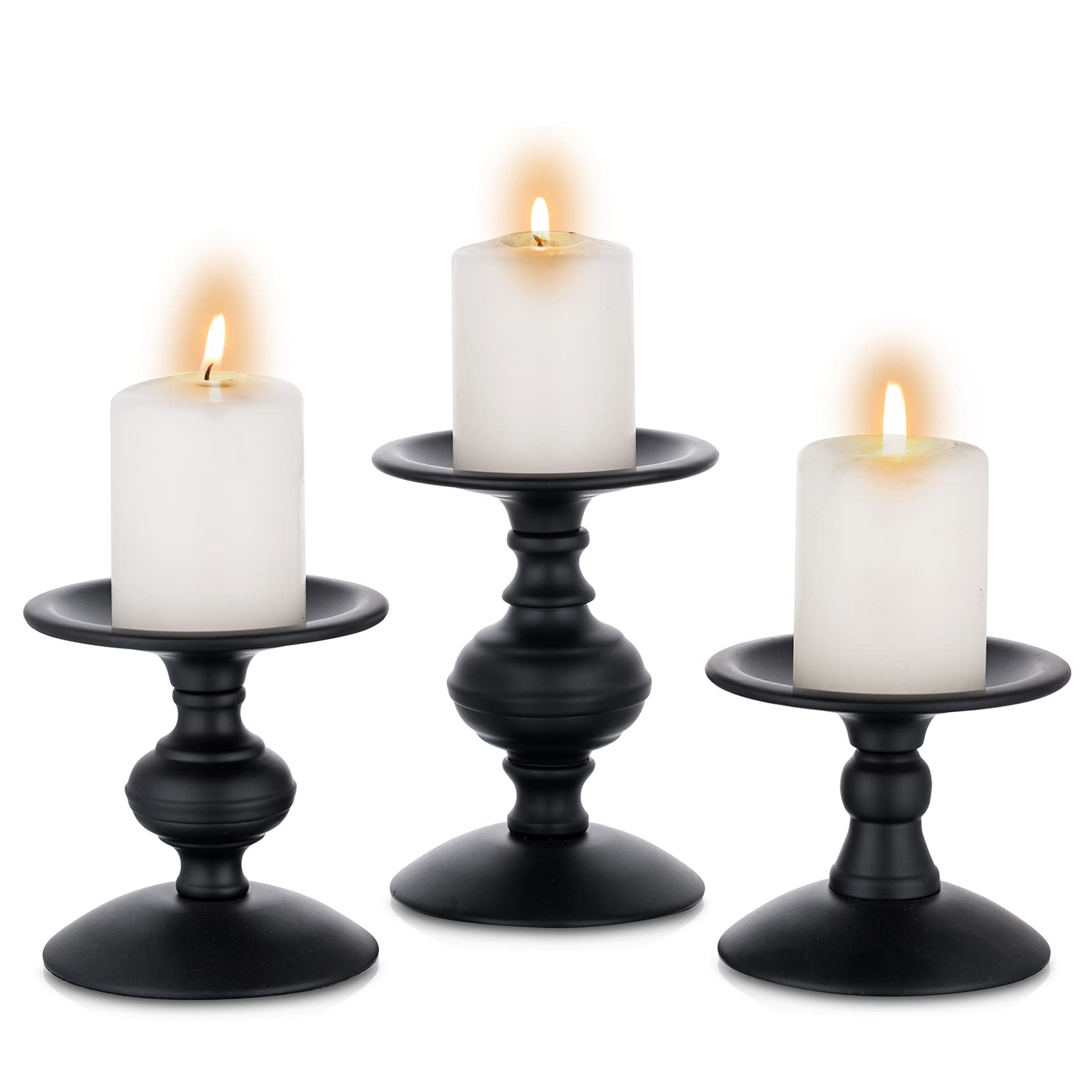 Sziqiqi Vintage Candle Holders Set of 3 Metal Pillar Candleholder Retro Matte Black Candlestick Holders Centrepiece Ornaments for Coffee Dining Table Mantle Fireplace Decor
