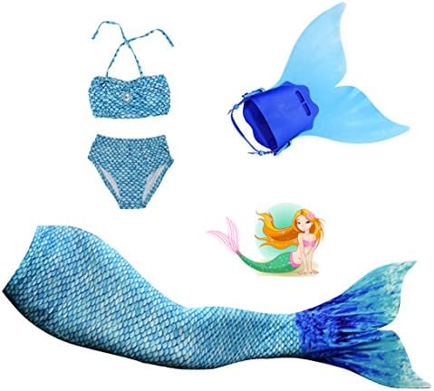 Mayskey Girls Sparkle Mermaid Tail with Monofin Swimmable Tail Swimsuit 4PCS Sets (140 （10-12Years), Water Blue with Monofin