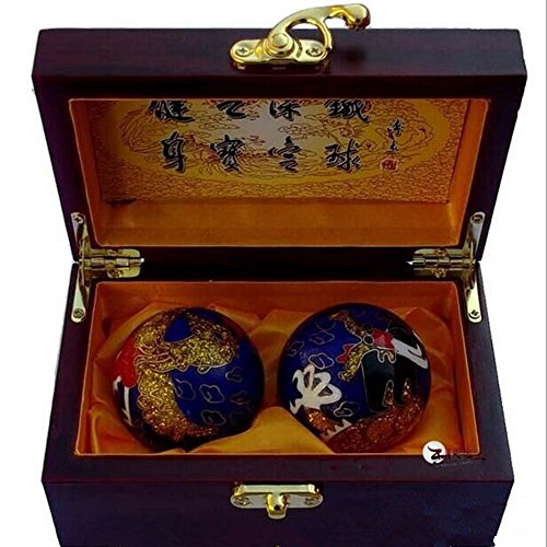 Gusnilo Wire inlay enamel implement Chinese Health Exercise Stress Balls - blue Color / Traditional Beautiful Steel Palm Wooden Box Packaging (