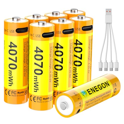 ENEGON Rechargeable AA Batteries, 8 Pack 4070mWh 1.5V Constant Voltage Lithium Batteries, Type-C Direct Fast Charge, 500+ Cycles, Built-in Safety Chip, for Toys, Remotes, Flashlights