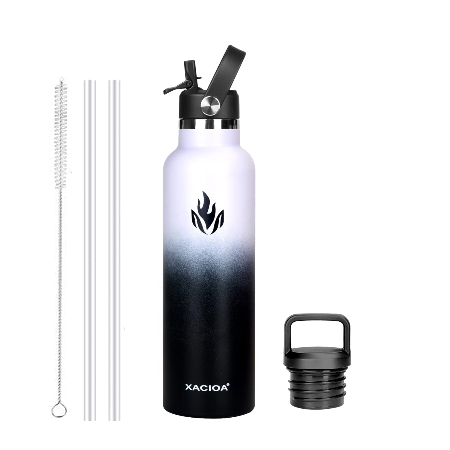 XACIOA Water Bottle Stainless Steel with Straw -for Hot/Cold Drinks 500/750/1000ml Vacuum Insulated Flask Leak Proof Drink Sport,BPA Free - with 2 Replacement Lid and Straw Brush