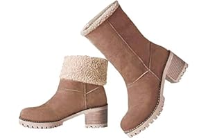 VIMISAOI Winter Boots for Women, Comfortable Slip On Mid Chunky Heel Suede Warm Snow Ankle Boots Outdoor Shoes