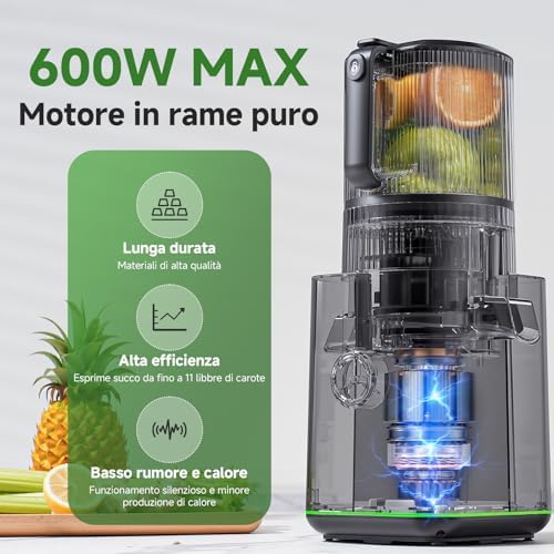 Estrattore di Succo, Bocca 155mm, 2,5L, Separatore della Schiuma, 2 Filtres, Pressione Automatica, Succo Puro e Vellutato, Silenzioso e Facile da Pulire, Ideale per Famiglia e Colazione