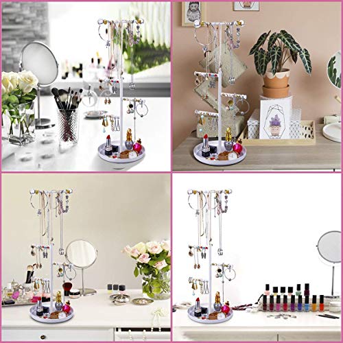 Keebofly Jewelry Tree Stand Organizer - Metal Necklace Organizer Display with Adjustable Height for Necklaces Bracelet Earrings and Ring White