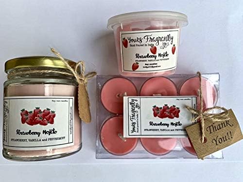 Yours Fragrantly I Strawberry Mojito (Strawberry, Peppermint & Vanilla) I Eco-Friendly Gift Hamper I Soy Wax Jar Candle, Tea Lights and Wax Melts I Hand Poured in India