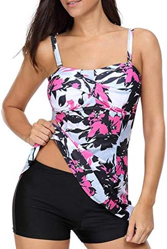 Women Two Piece Swimwear Retro Printed Bathing Suit Stripe Floral Beachwear Tankini Top with Boyshorts Swimsuit