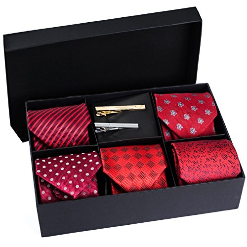 Men's Tie Set - 5 Luxury Neckties And 2 Classy Tie Bars In Gift Box By Pointed Designs (Set 2)