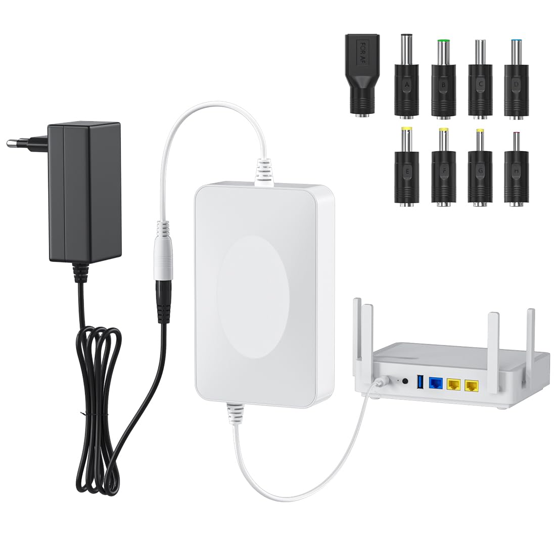 Photo 1 of Skazeke Rechargeable 9V 15000mAh DC Output Lithium ion Battery Pack for LED Strip, CCTV Camera and More, DC 9V External Battery Power Bank with 2A Charger, 9PCS DC Port, White (55.5, Watts)