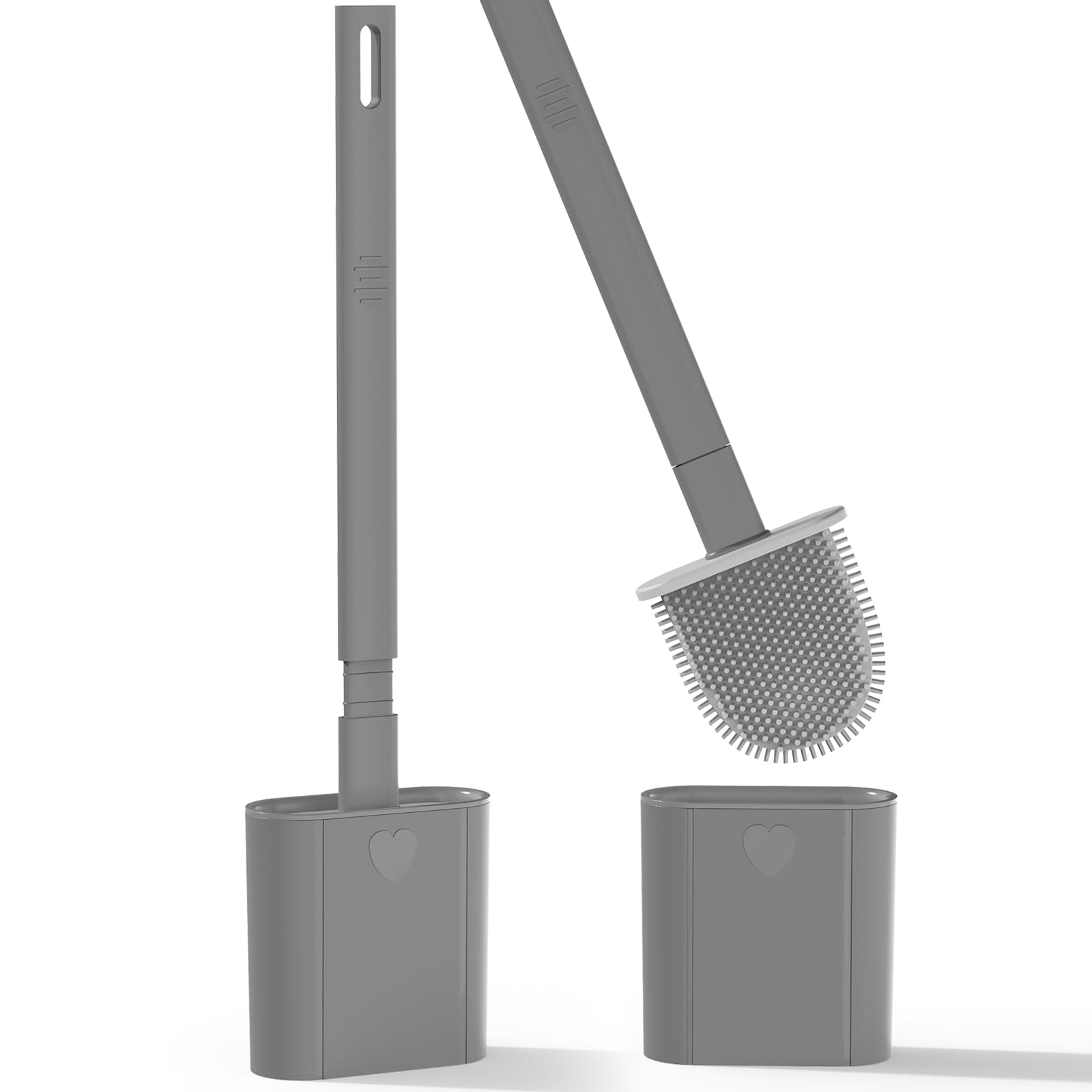 2 Pack Toilet Brush, Bathroom Silicone Toilet Brushes and Holder Sets with No-Slip Long Plastic Handle and Soft Flexible Bristles, Toilet Brushes with holders and Base for Anti-drip (Grey)