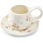 Koythin Ceramic Coffee Mugs Set with Saucer, 250ml / 8oz Cute Floral Coffee Mug Irregular Latte Art Cup, Coquette Cups for Cappuccino, Cocoa (Double Flowers)