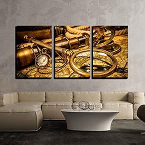 3 Piece Canvas Wall Art - Vintage Magnifying Glass, Compass, Telescope and a Pocket Watch Lying on an Old Map. - Modern Home Art Stretched and Framed Ready to Hang - 16"x24"x3 Panels