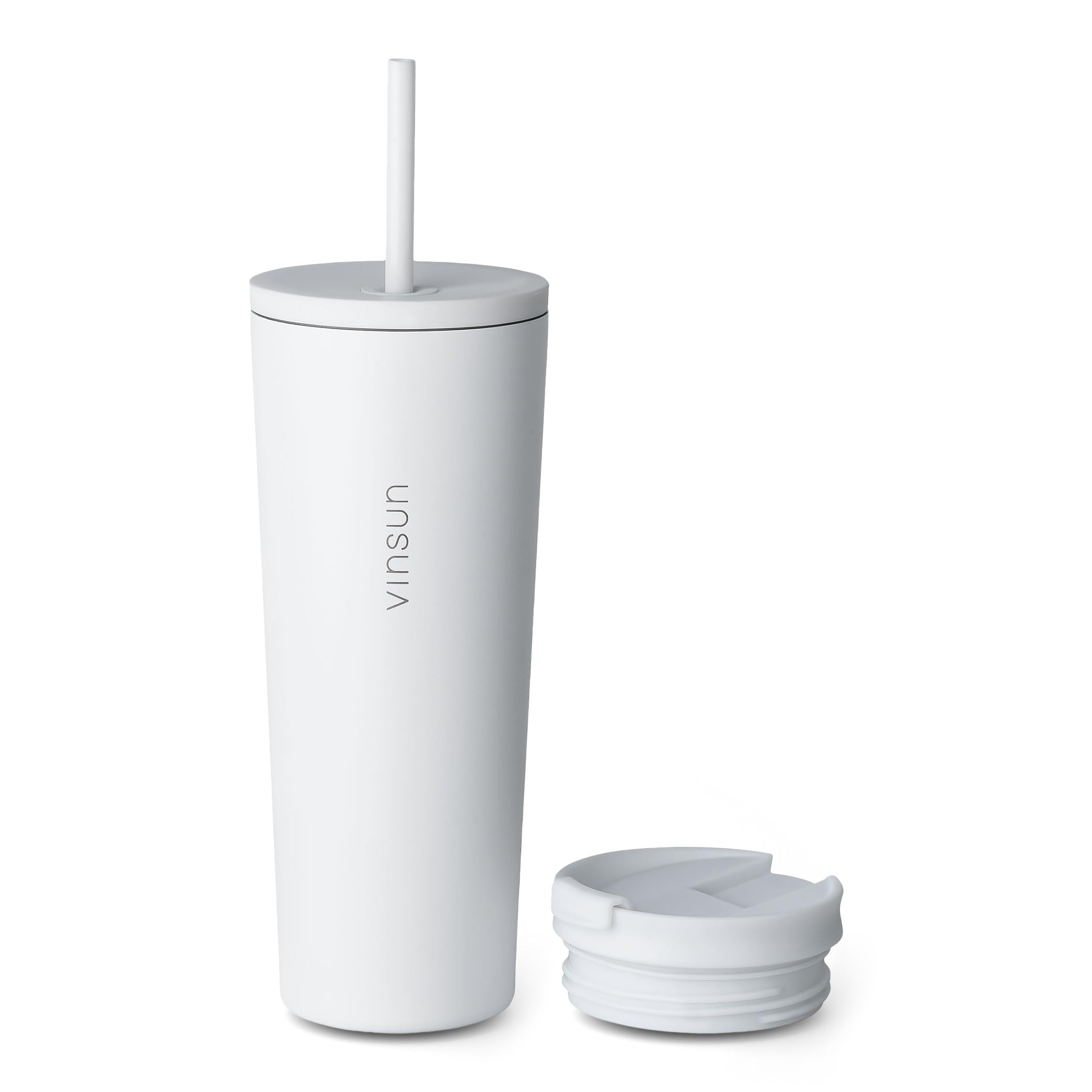 VINSUN Travel Mug with Straw 720ml - Stainless Steel Thermal Mug, Leakproof, Double-Walled Insulated - White Tumbler with Straw and Lid for Hot & Cold Drinks