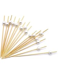 PuTwo Cocktail Toothpicks 300 Counts Cocktail Picks Handmade Natural Bamboo Cocktail Sticks Eco-Friendly Appetizer Skewers for Cocktail Appetizers Fruits Dessert - White Pearls