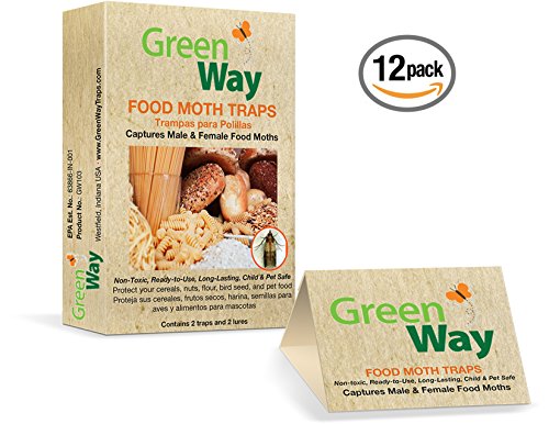 GreenWay Food Moth Trap - 12 boxes - 24 traps and lures | Pheromone Attractant, Ready To Use | Safe, Non-Toxic with No Insecticides or Odor, Eco Friendly, Kid and Pet Safe