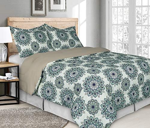 Marina Decoration Goose Down Alternative 3 Pieces Comforter Set, Dark Green Mandala Pattern, Green and White Color, King Size