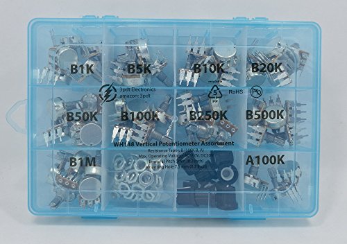 Potentiometer Assortment 48 pcs 10 values 1K 5K 10K 20K 50K 100K 250K 500K 1M vertical terminals linear B and audio Logarithmic A100K