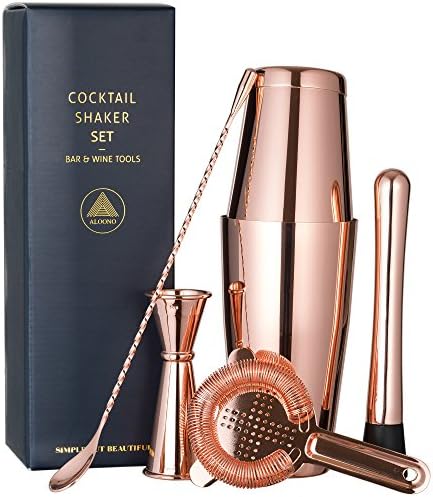 Copper Plated Boston Cocktail Shaker Bar Set: 18oz &amp; 28oz Shaker Tins, Hawthorne Cocktail Strainer, Double Jigger (0.5oz - 2oz), 12'' Mixing Spoon, 7'' Drink Muddler w/ Recipes and Greeting Card