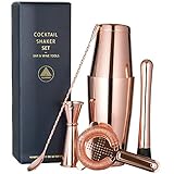 Copper Plated Boston Cocktail Shaker Bar Set: 18oz & 28oz Shaker Tins, Hawthorne Cocktail Strainer, Double Jigger (0.5oz - 2oz), 12'' Mixing Spoon and 7'' Drink Muddler