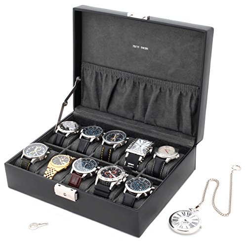 Watch Box Storage Case Leather for 10 Watches with Lined Pocket (Black/Charcoal Grey)