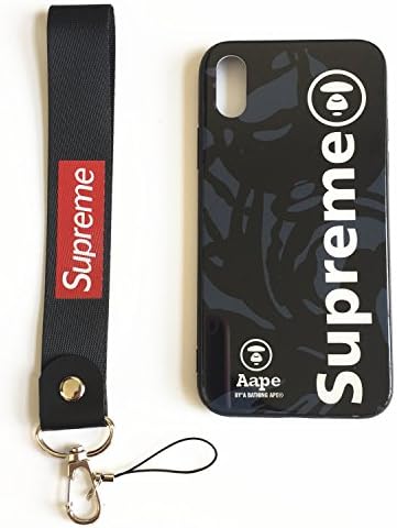 iPhone X/10 Supreme Case,Tempered Glass Back Case with Wrist Lanyard,Streetwear Fashion Hard Glass Back Cover Soft TPU Bumper Frame Anti-scratch Shockproof Resistant Case for iPhone 10/X Case (Black)