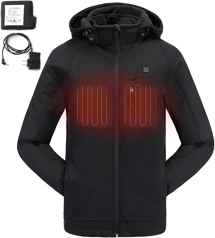 COLCHAM Heated Jackets for Men Waterproof Wind Breaker Slim Winter Soft Shell Jacket with Detachable Hood, Standard US Size This Year L Black
