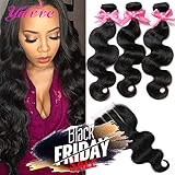 Brazilian Virgin Hair 3 Bundles with Closure Brazilian Body Wave 8A 100% Unprocessed Human Hair bundles With Lace Closure Natural Black Color by YAVVE (16