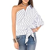 Fedi Apparel Women Gril Striped Off Shoulder Bowknot Blouses Ruffle Sleeve Shirt (US 12, One Shoulder Blue)