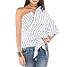 Fedi Apparel Women Gril Striped Off Shoulder Bowknot Blouses Ruffle Sleeve Shirt (US 12, One Shoulder Blue)