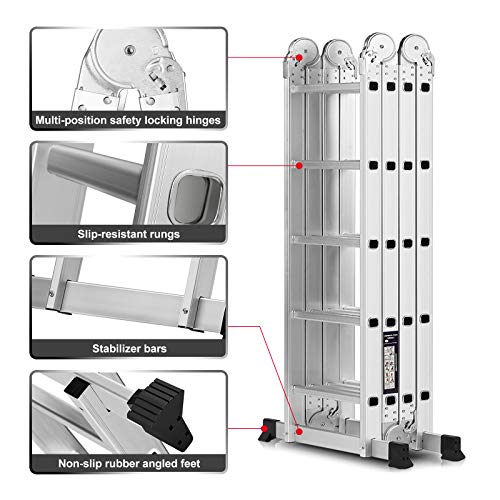 19.5ft Ex-Large Heavy Duty Gaint Aluminum Multi Purpose Folding Ladder Scaffold Ladders with 2 Free Platform Plates- 330Lbs - Thumbnail 2