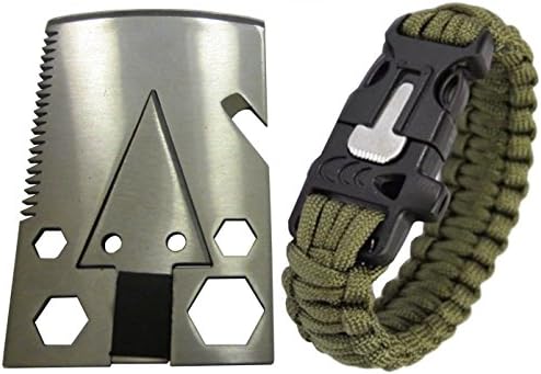 Survival Card Ax Multitool & Paracord Survival Bracelet Whislte Fire Starter Flint- Survivor Rope Cord Scraper Multitool for Hunting, Hiking, Camping by RumbaDock (Army Green)
