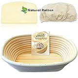 WALFOS 10 Inch Oval Banneton Bread Proofing Basket Set - French Style Artisan Sourdough Bread Bakery Basket,Dough Scraper/Cutter & Brotform Cloth Liner Included - 100% NATURAL RATTAN